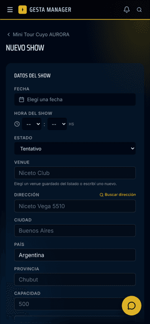 Detalle de una fecha en Gesta Manager