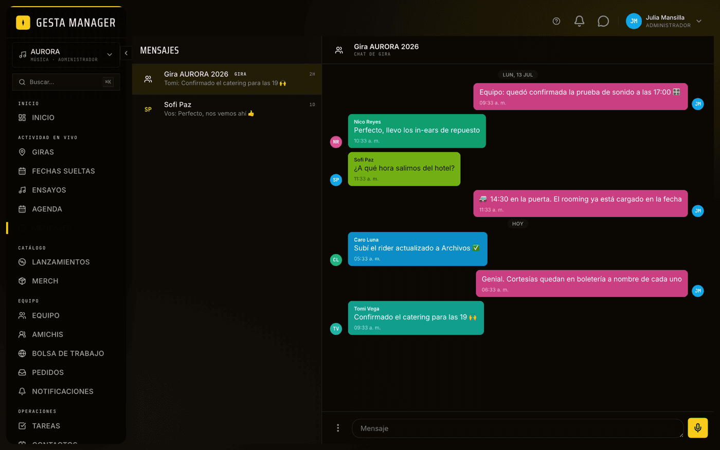 Chat del equipo en Gesta Manager (escritorio)